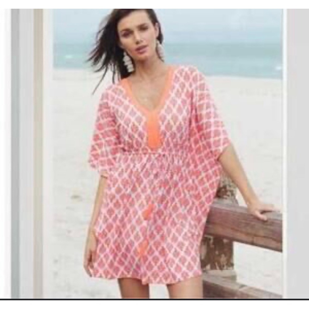 Cabana Life Women Swim Coverup Dress Coral Moroccan Tile Tassel XS